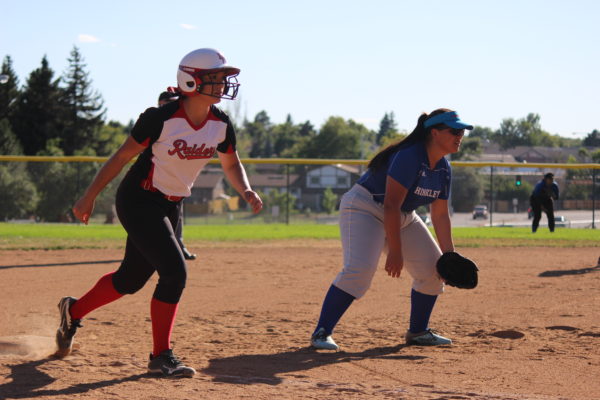 Yamilet+Corral%2C+sophomore%2C+stands+on+third+base+against+her+opponent.+The+girls+came+out+of+this+game+17-0+against+Hinkley.+The+Raiders+have+a+home+game+today+against+Vista+PEAK+Prep+at+4%3A30+p.m.%2C+make+sure+to+come+support.+