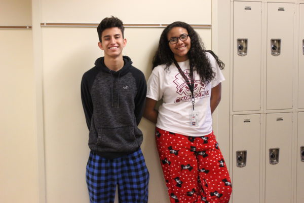 Feature+Photo+By%3A+Samir+Mohamed-+Juniors+Bryan+Fierro+and+Trinity+Stevenson+dressed+up+in+their+pajamas+for+spirit+week+as+they+express+their+Raider+pride+for+the+upcoming+Snow+Ball.+Tomorrow+is+food+day%2C+Friday+is+spirit+day%2C+and+Saturday+the+day+of+the+dance%2C+make+sure+you+dress+up+and+attend+the+events%21