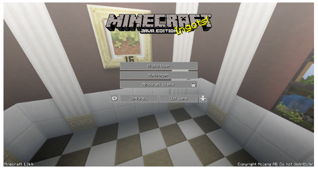 The Minecraft startup screen; this particular start-up screen features Mizunos 16 Craft texture pack that anyone can use to re-texture their own personal games. 