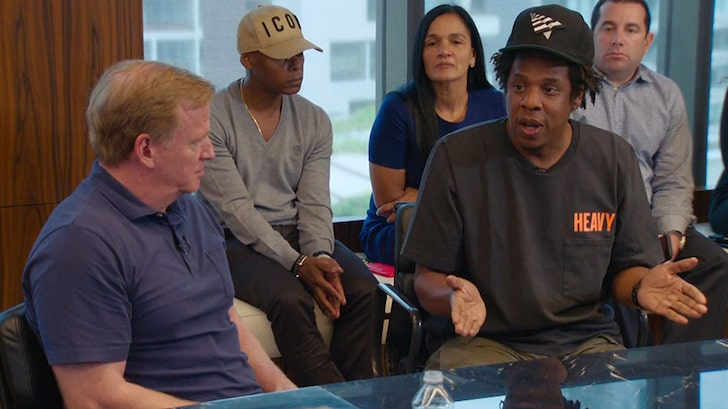 This photo was taken from online, showing images from the press conference Jay-Z had with the NFL last month.