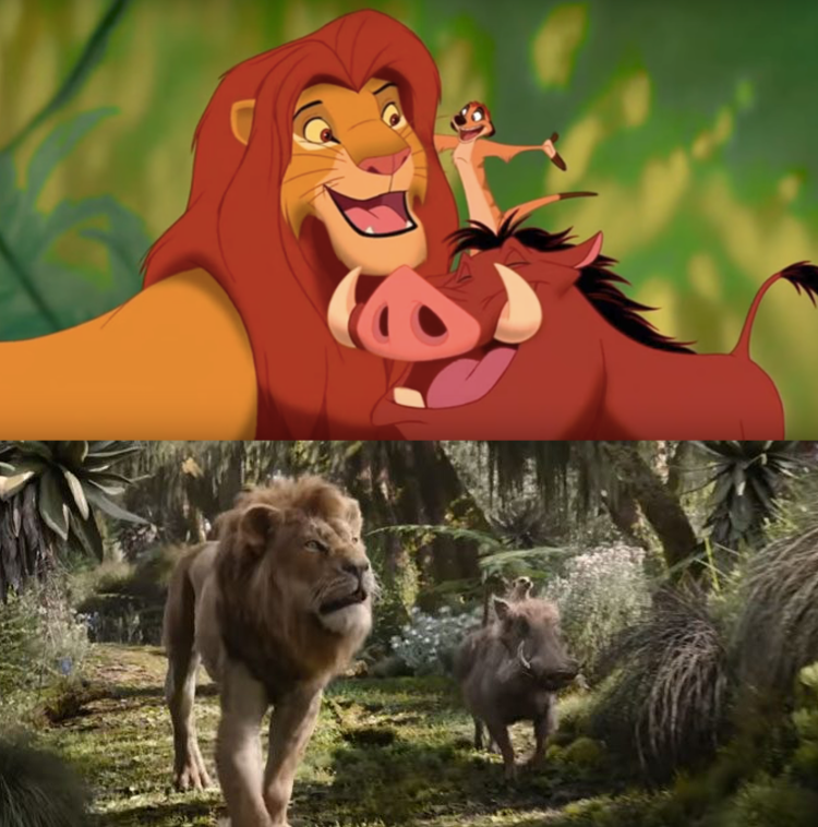 Comparison of each movie of two screenshots during the song “Hakuna Matata”. The differences in color dynamic are not as bright in the live action.