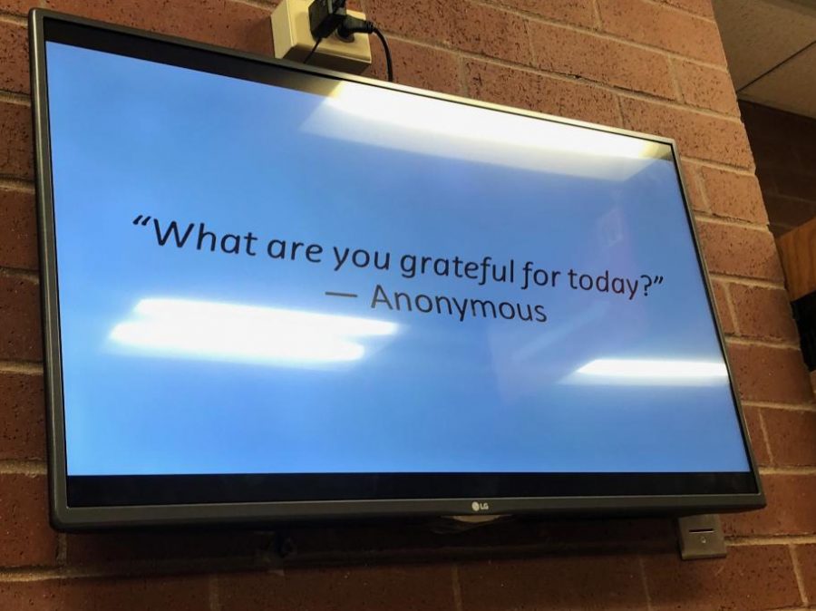 Feature Photo by Brianna Sanchez: A quote is shown outside the counseling office. Messages displaying gratitude were spread all around the school.
