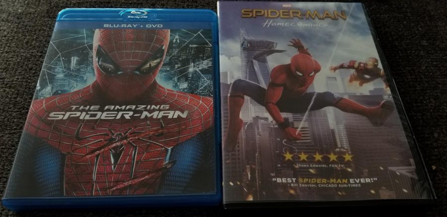 A+comparison+between+The+Amazing+Spider-Man+and+Spider-Man%3A+Homecoming%E2%80%99s+movie+cases.+Both+are+very+colorful%2C+but+differ+in+the+mood%2C+as+The+Amazing+Spider-Man+is+darker.