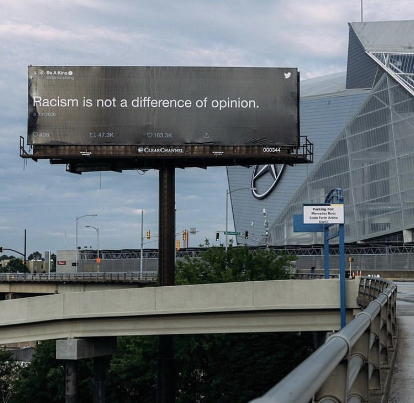 A billboard represents how cities across the U.S. are supportive of the #BlackLivesMatter movement
