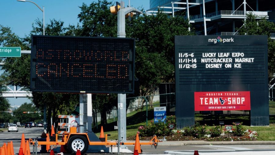 A sign sits outside of NRG park that reads ASTROWORLD CANCELED (Alex Bierens de Haan)