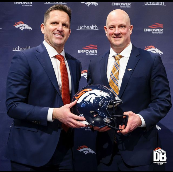 Nathaniel Hackett and George Paton making Hackett the 18th Head coach in Bronco history.  PC: Broncos Instagram