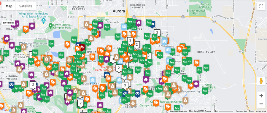 Community+Crime+Map%3A+A+map+of+Aurora+showing+the+different+types+of+crimes+reported+ranging+from+motor+vehicle+theft+%28green%29%2C+to+aggravated+assault+%28orange%29%2C+to+burglary+%28purple%29%2C+to+regular+theft+%28tan%29.+