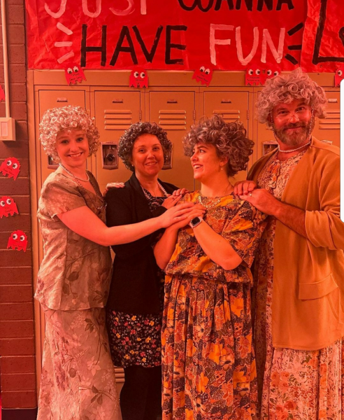 The winners of the contest: Ms. Neumann, Ms. Budny, Ms. Gunkel, and Mr. Oulman dressed as The Golden Girls.