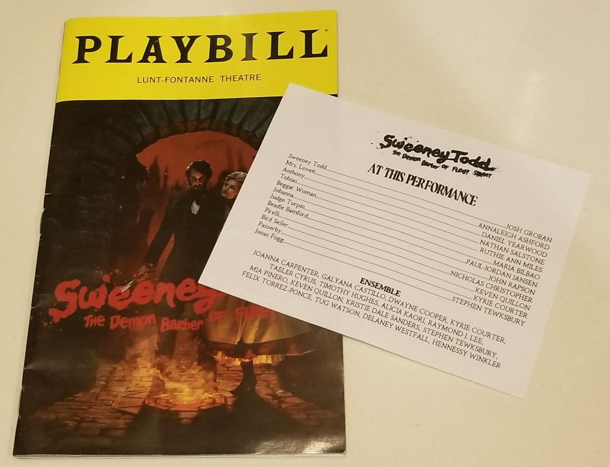A Playbill and slip of paper detailing the cast of Sweeney Todd on Broadway from October 11th, 2023.