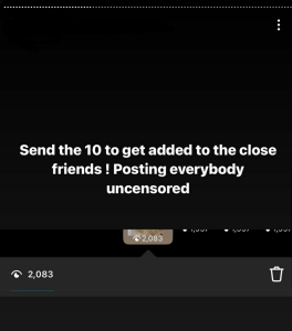 A screenshot of the main accounts Instagram story sextortion scheme asking for money to see uncensored illicit phots. 