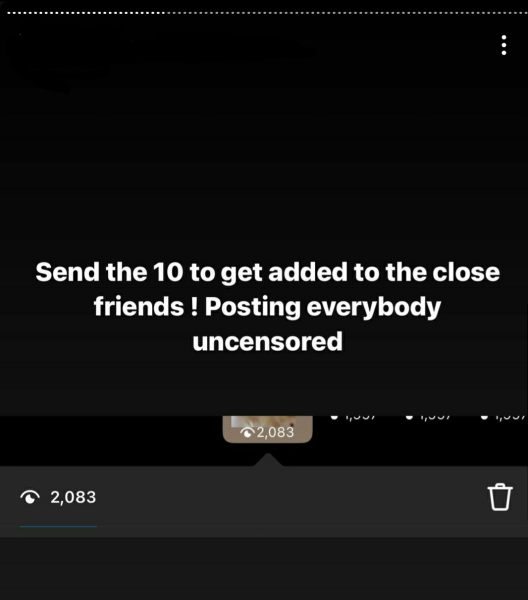A screenshot of the main accounts Instagram story sextortion scheme asking for money to see uncensored illicit phots. 