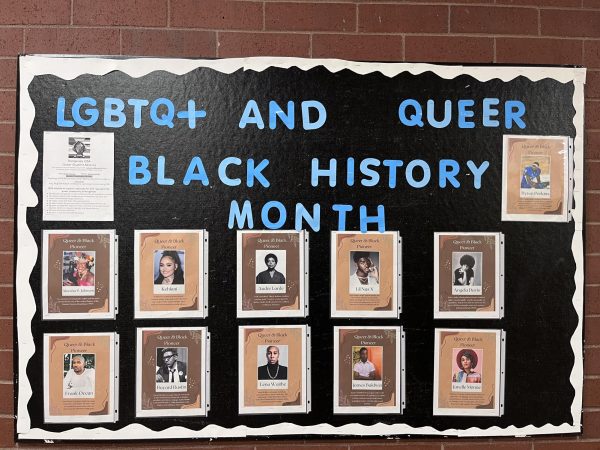A bulletin board by Rangeview’s Queer Student Alliance celebrating Black and LGBTQ+ individuals for Black History Month. 